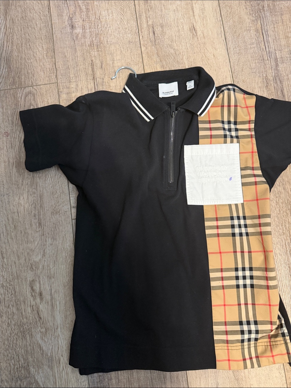 Burberry Black Polo with Signature Beige Plaid Panel and White Pocket